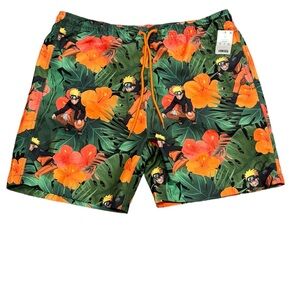 New Mens Board shorts Large  Naruto 7" Elastic Waist Swim Shorts -Green/Yellow L